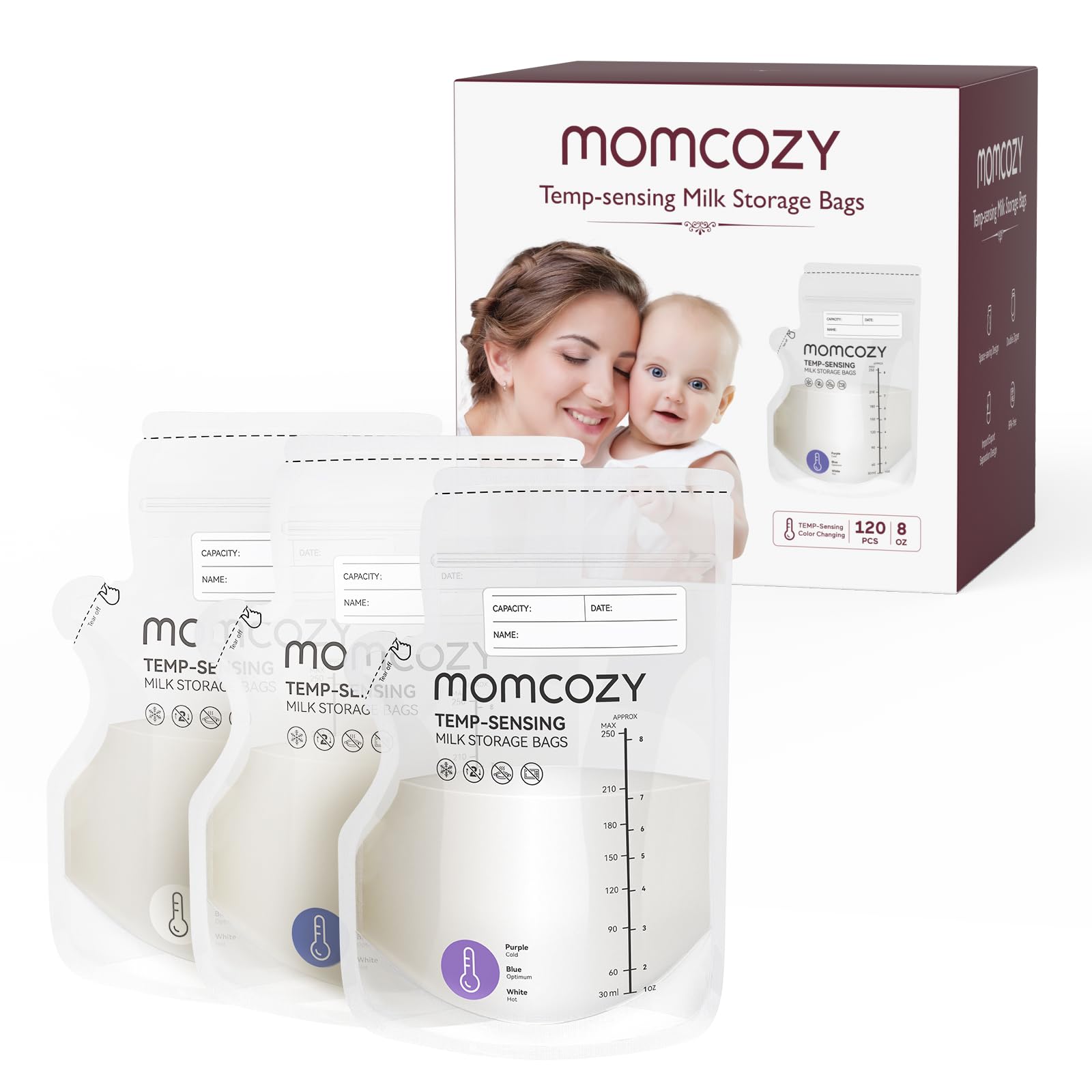 Momcozy Easy Pour Breastmilk Storage Bag, 250ml, Temp-Sensing